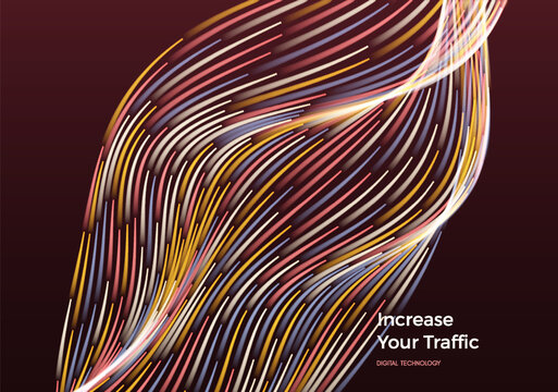Data flows in digital space in waves. Dots move rhythmically. Growth and momentum. Business concept. Particle flow. Color transition effect. Vector for poster, cover, presentation, flyer or banner.