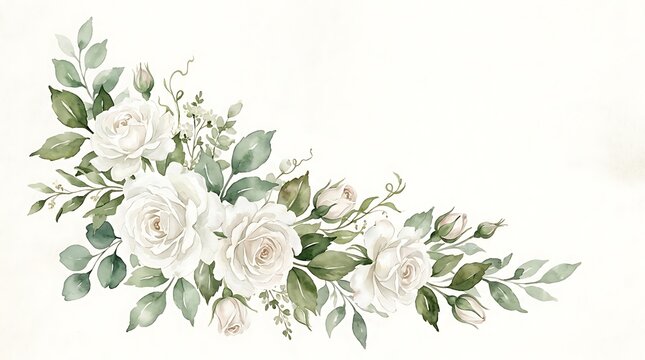 Beautiful watercolor floral corner arrangement with white roses and green leaves for wedding invitation card design