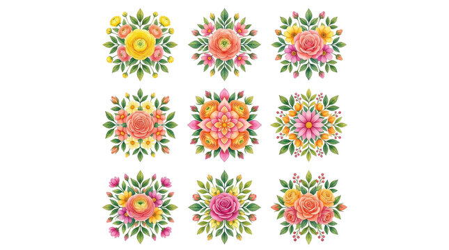 Colorful Floral Bouquets Arranged in Nine Circular Clusters