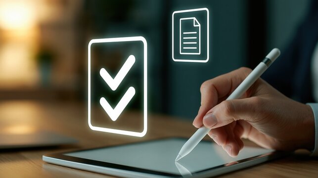 Close-up of a hand holding a stylus and interacting with a digital checklist icon on a tablet screen, symbolizing completion and organization.