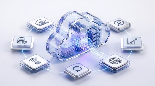 Enterprise Cloud Computing Architecture Concept Showing Secure Data Synchronization and Database Management Icons