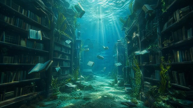 Surreal underwater library with floating books in a deep ocean abyss with light rays.