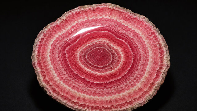 Rhodochrosite stalactite polished cross-section macro overhead showing concentric banded rings in deep rose crimson blush pink cream-white on dark background Argentine gemstone
