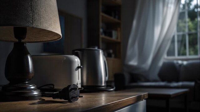 Table lamp electric plug wooden interior room home decor with kettle toaster wooden table living room, electricity price crisis, shadow sunlight