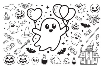 Fototapeta premium Cute Ghost Balloon Halloween Line Art Vector Illustration Isolated on White Background