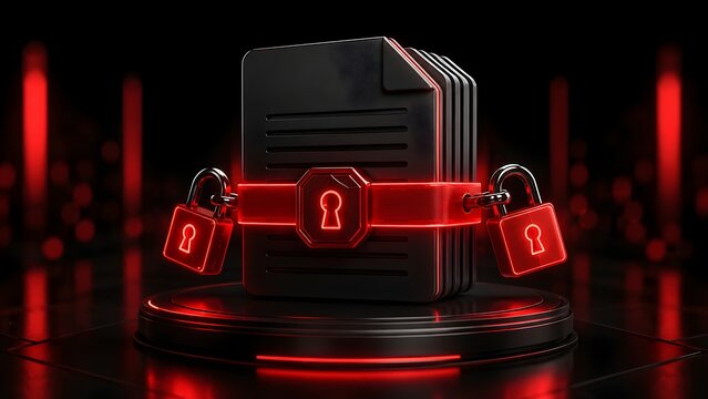 Stack of digital documents chained and protected by glowing red padlocks on a high-tech platform representing highly encrypted data archiving and secure file management