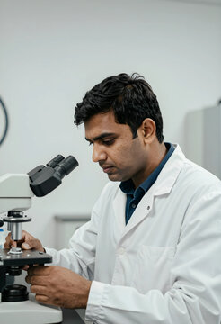 Medical research and scientific discovery, male scientist using a microscope for laboratory analysis and clinical testing in a modern healthcare facility