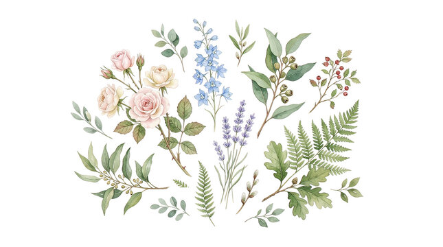 Delicate Floral Watercolor Arrangement with Roses Lavender and Ferns