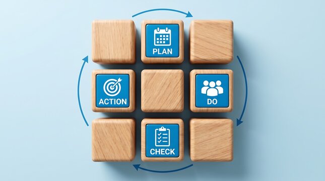 Strategy wood blocks demonstrating cycle of business planning and continuous improvement with action plan do and check phases on blue backdrop representing progress.