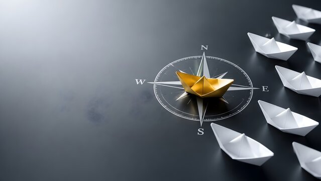 Golden paper boat navigating on a compass leading a fleet of white boats symbolizing business leadership and strategy
