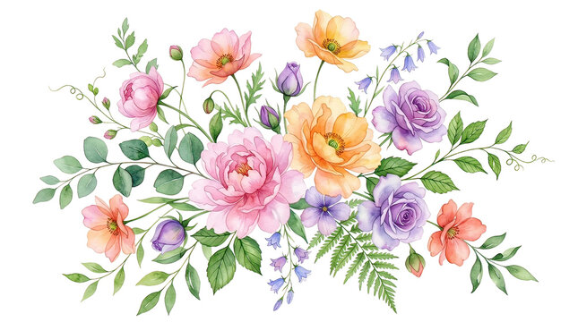 Colorful watercolor Bouquet of Peonies and Anemones with Green Foliage