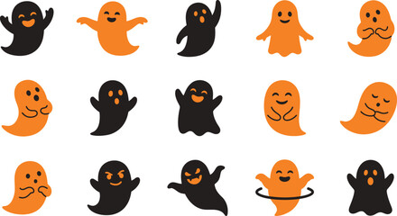 Fototapeta premium Set of cute cartoon ghost stickers in black and orange colors for halloween party decorations and designs