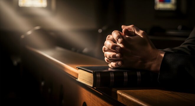 Person praying with hands folded on a holy bible in a sunlit church