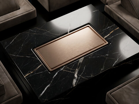 Luxury marble coffee table featuring a central polished golden rectangular inlay transparent background