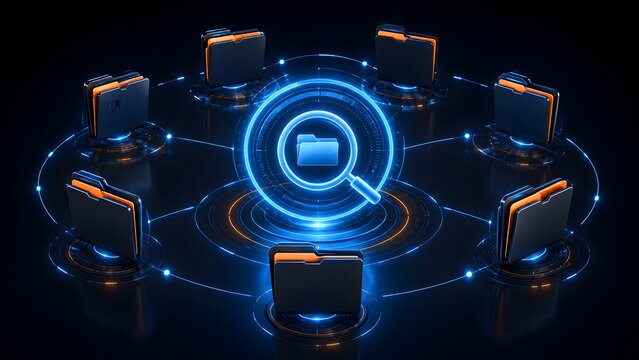 Glowing digital magnifying glass hub connecting to multiple network folders representing central document management and cloud storage search