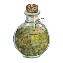 Obraz premium Magical green potion bottle with moon and star, watercolor witchcraft clipart isolated on white