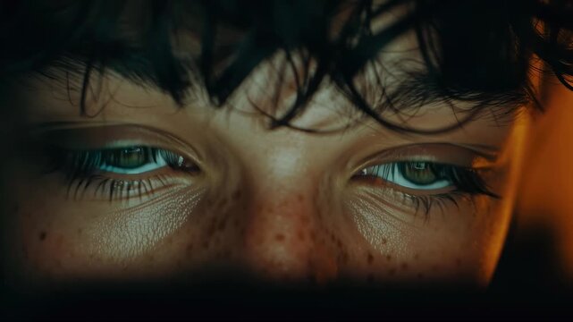 Extreme close up of a young person's eyes in darkness, phone screen reflected in both pupils. Screen addiction, doomscrolling