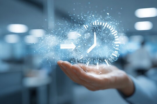 Time management concept - Hand holding digital clock with particles.