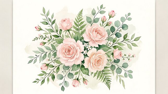 Beautiful bouquet of soft pink roses and green leaves illustration for wedding invitation or romantic greeting card