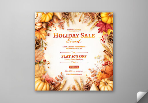 Editable Holiday Sale Social Media Template with 50 Percent Off on Autumn Background.