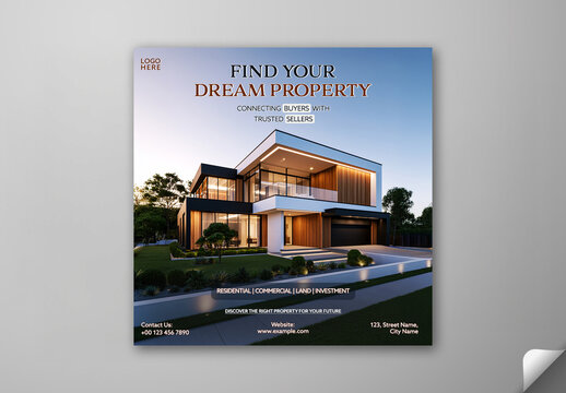 Editable Find Your Dream House Social Media Post Template for Real Estate Promotion.