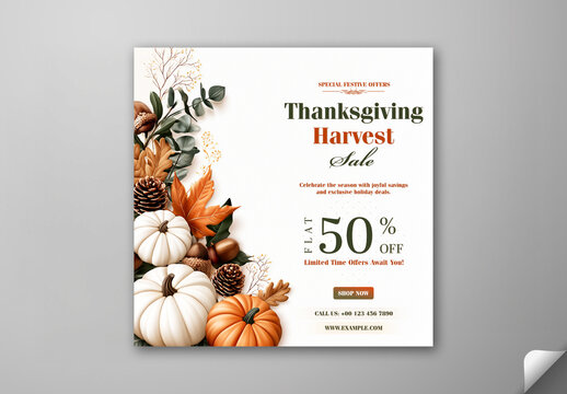 Editable Thanksgiving Sale Social Media Template with 50 Percent Off on Harvest Food Autumn Background.