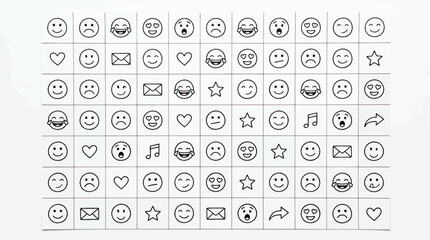 Fototapeta premium Emoji and emoticon line icon grid. Features smiling face, sad face, heart, star, and mail symbols in a structured chart. Minimalist outline vector set for feedback and user experience.