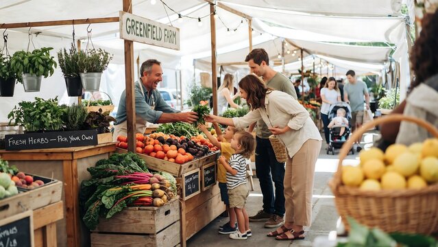 Family shopping at a local outdoor farmers market stall with fresh vegetables