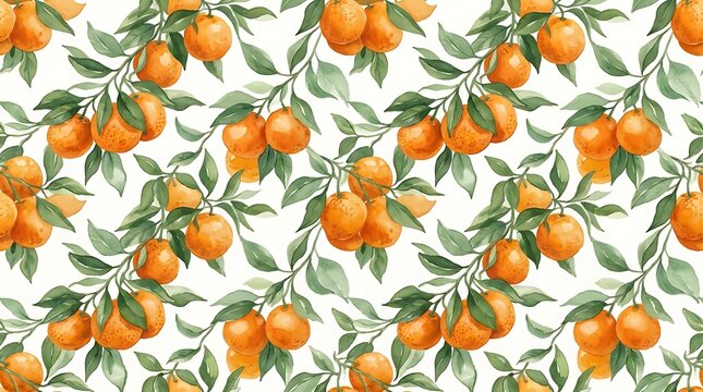 Seamless pattern with fresh orange citrus fruits and green leaves on branches as a vibrant summer food background