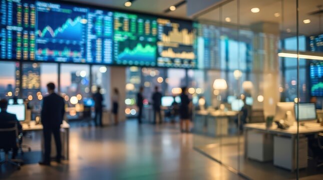 Business professionals work in a contemporary office space with large digital screens displaying financial market data. The blurred interior environment features glass partitions and workstations.