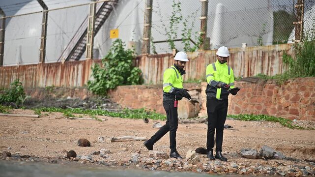 Engineers wearing safety gear, including hard hats examining survey a large blueprint tablet standing industrial facility gas or oil refinery engaged in a job requires high safety standards concept.	