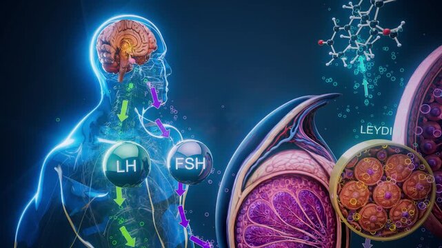 Conceptual 3D animation of testosterone production and spermatogenesis in an x-ray man