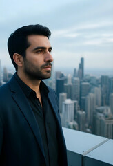 Obraz premium Corporate ambition and leadership, successful businessman looking at city skyline from office rooftop during sunset for career growth and vision strategy