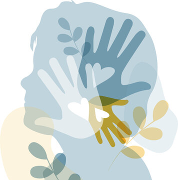 Silhouette of child face with palms.