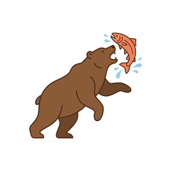 Fototapeta premium Flat vector illustration of a brown bear catching a jumping salmon fish