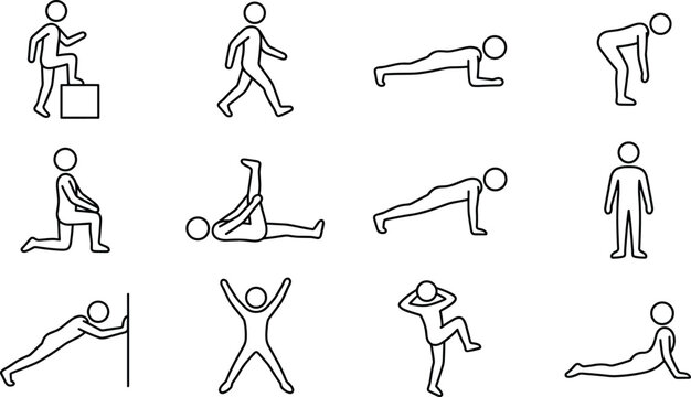 Exercise and Fitness Line Icons Set with Stick Figures