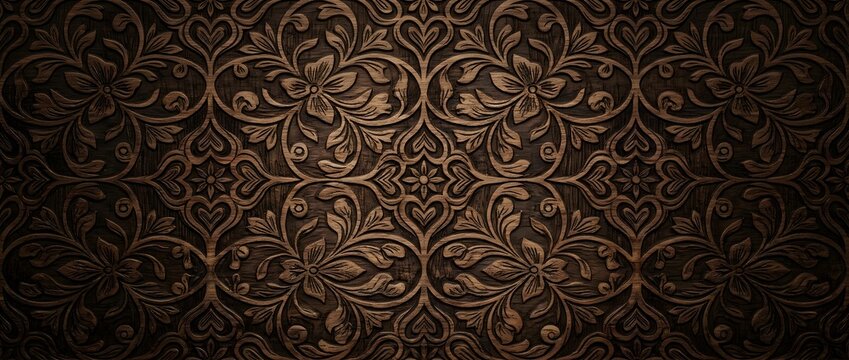 Brown wood carved linocut floral ornamental pattern background