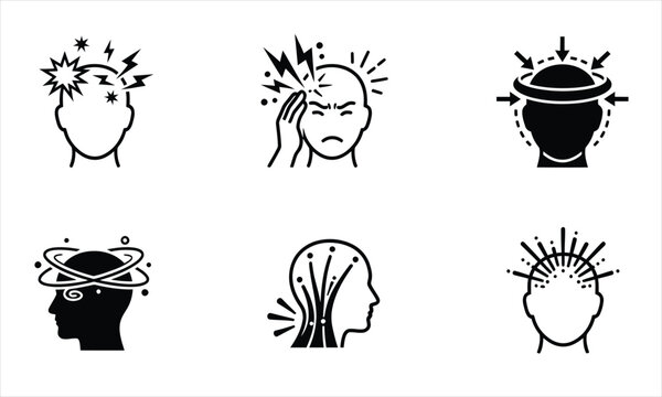 Headache and migraine symptom icons for medical healthcare app.