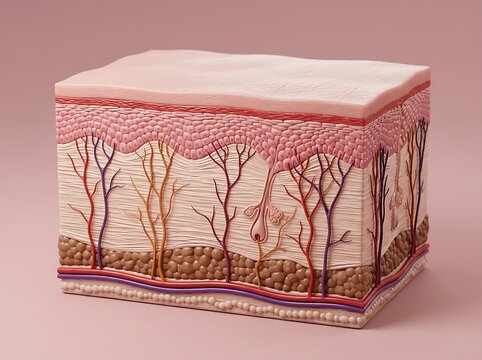 Cross section of human skin layers showing epidermis dermis and subcutaneous tissue with blood vessels and nerves microscopic view.
