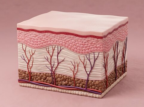 Cross section of human skin layers showing epidermis dermis and subcutaneous tissue with blood vessels and nerves microscopic view.