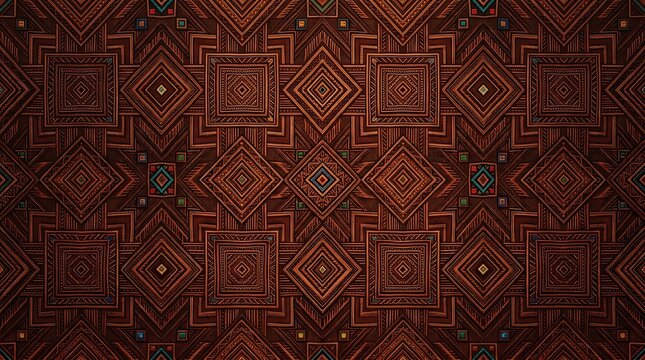 Abstract geometric pattern with golden lines and shapes on a deep burgundy red background for luxury design projects