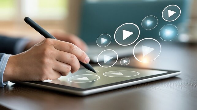 Close-up of hands using a stylus to interact with a tablet displaying numerous play button icons.