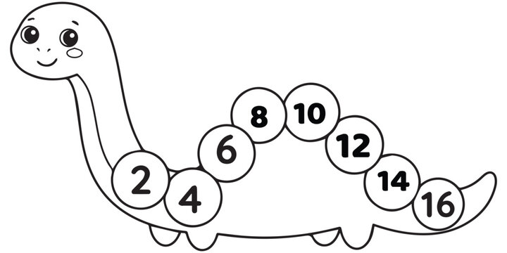 Dinosaur Connect the Dots Math Worksheet for Kids Learning Even Numbers and Counting. Educational dinosaur coloring page for children to practice counting by twos with a fun connect the dots activity.