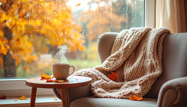 Cozy autumn reading nook by a rainy window with tea and a knit blanket, copy space