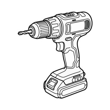 Vector illustration of a modern cordless power drill outlined in black, isolated on a white background for DIY and construction themes