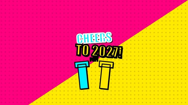 Cheers to 2027 graphic animation featuring bright colorful popping champagne bottles on a stylish vibrant retro polka dot video background