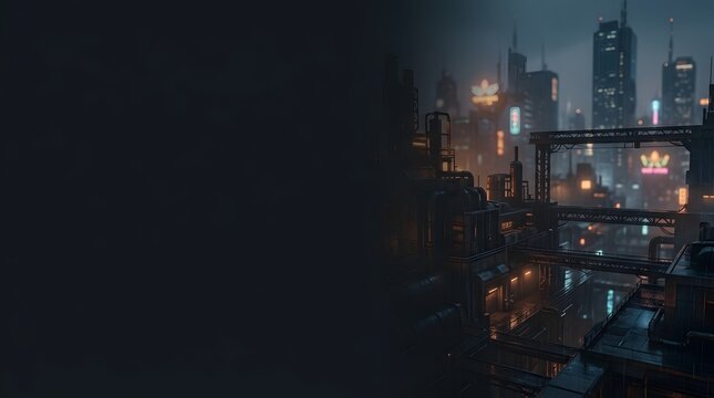 Dark Industrial City Skyline at Night with Neon Lights and Heavy Shadows