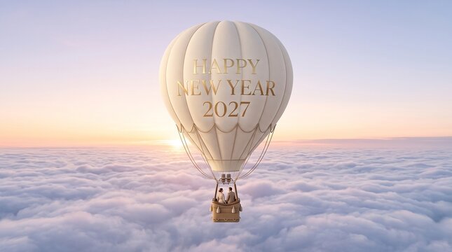 A cream colored hot air balloon floating above a thick layer of soft clouds during a serene sunrise, featuring the golden text Happy New Year 2027 printed on the side of the fabric envelope structure