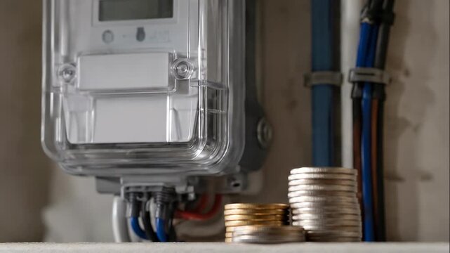 Electric meter energy price cap on coin stack near wall installation for utility bill power saving cost control and household budget