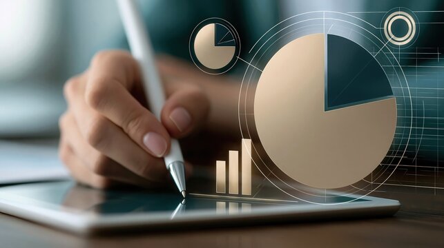 Close-up of a hand holding a stylus over a tablet with animated financial data visualizations.
